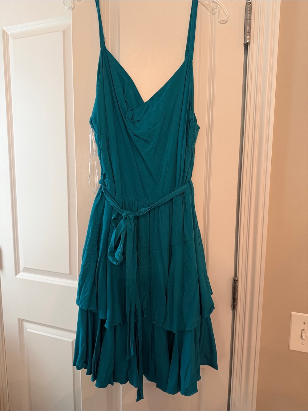 City Chic Teal Strapless Tiered Dress with Waist Tie